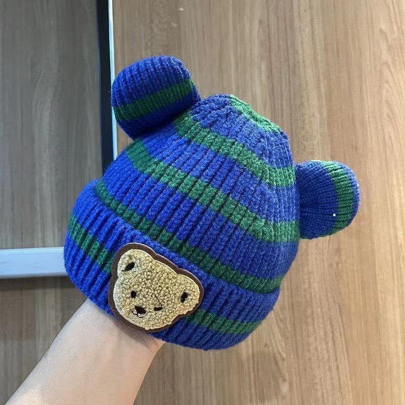 Autumn and winter children's warm hat cute striped bear hat baby double ball knitted hat men's and women's treasure hats