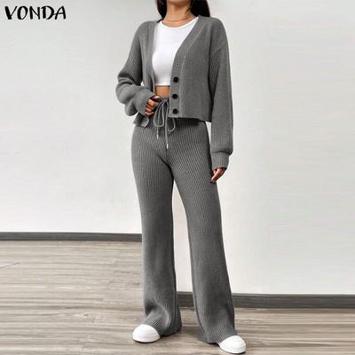 Two Piece Suit Autumn Spring Women Rib Long Sleeve Blouse and Pants Casual Sets