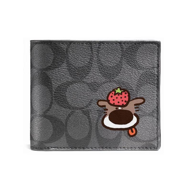 Coach [Customized Bag] 3 IN 1 Wallet MAY All the Way Gothic Oracle Leather Wallet Men's Black Strawberry Puppy