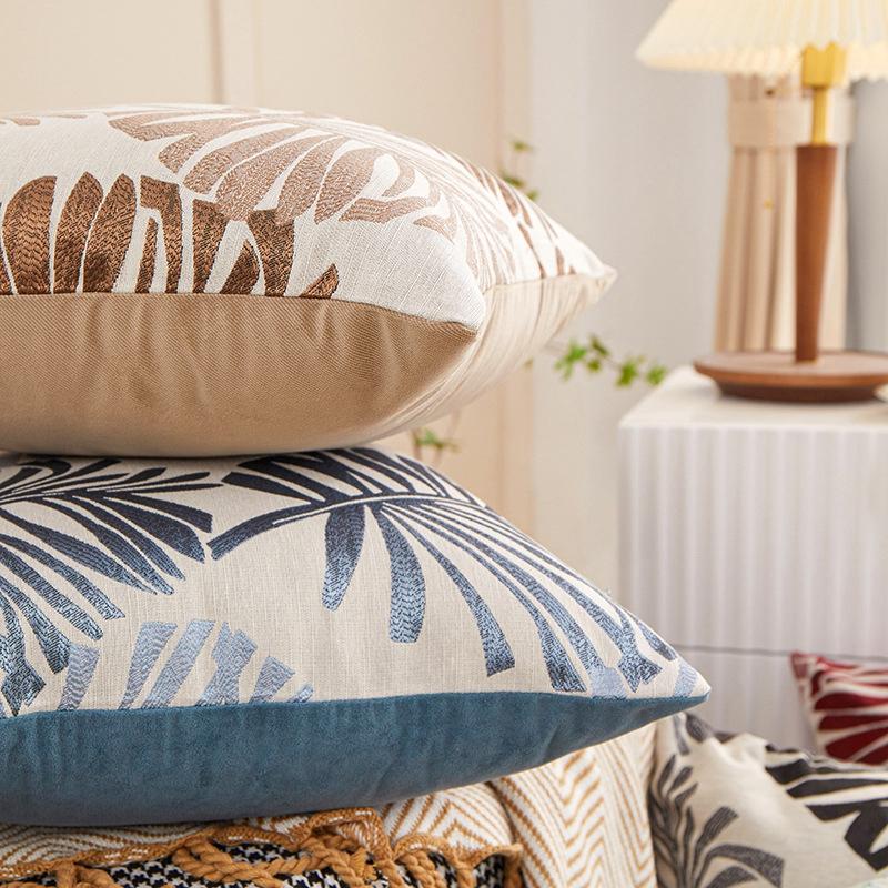45X45Cm Throw Pillow Case Leaf Pattern Square Decorative Embroidery Jacquard Cushion Cover For Farmhouse Home Holiday Decor Blue