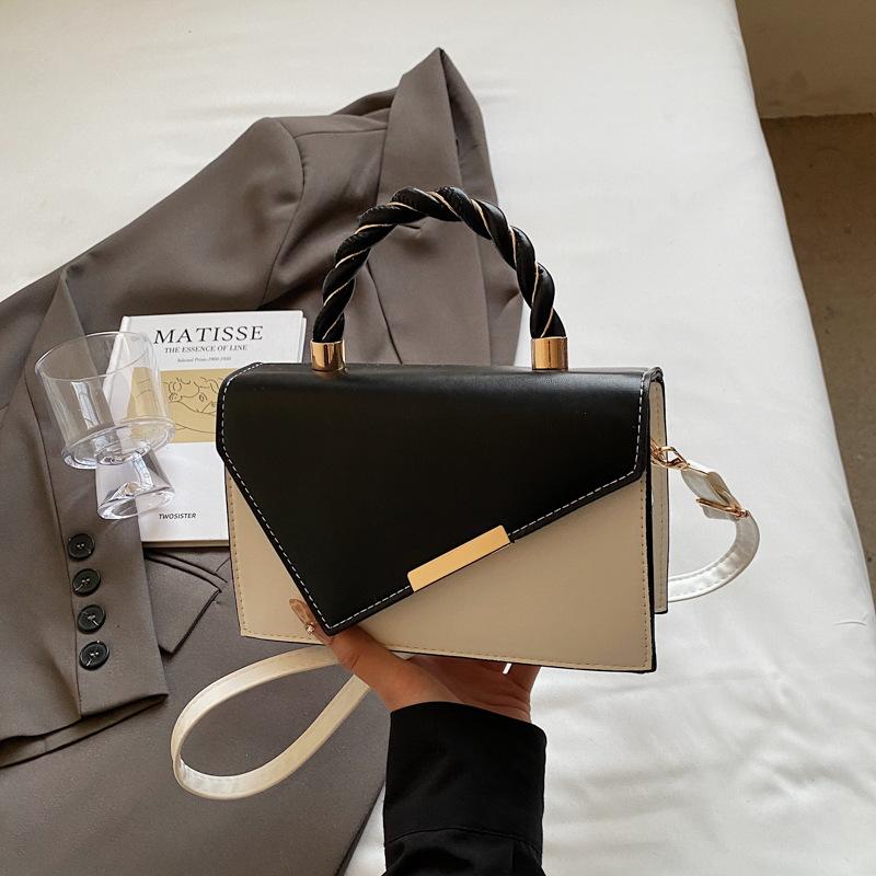 Korean Version of Simple Hand Carry Shoulder 2025 New Fashion Diagonal Splicing Contrasting Color Small Square Bag Portable Messenger Commuter Woman
