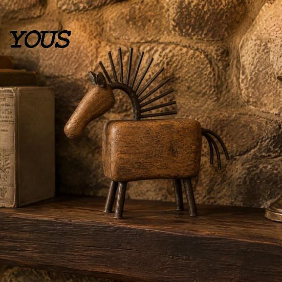 Rustic Interior Design Accessories Vintage Horse Figurine, Farmhouse Sculpture, Folk Art Modern Mantel Centerpiece Tabletop Ornament for Home