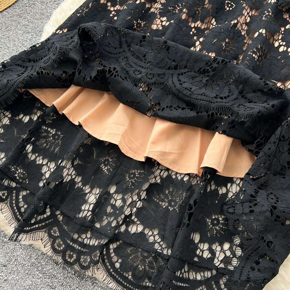 Vestidos Midi de Festa Femininos Vintage de Manga Comprida Vazados em Renda para Primavera Outono