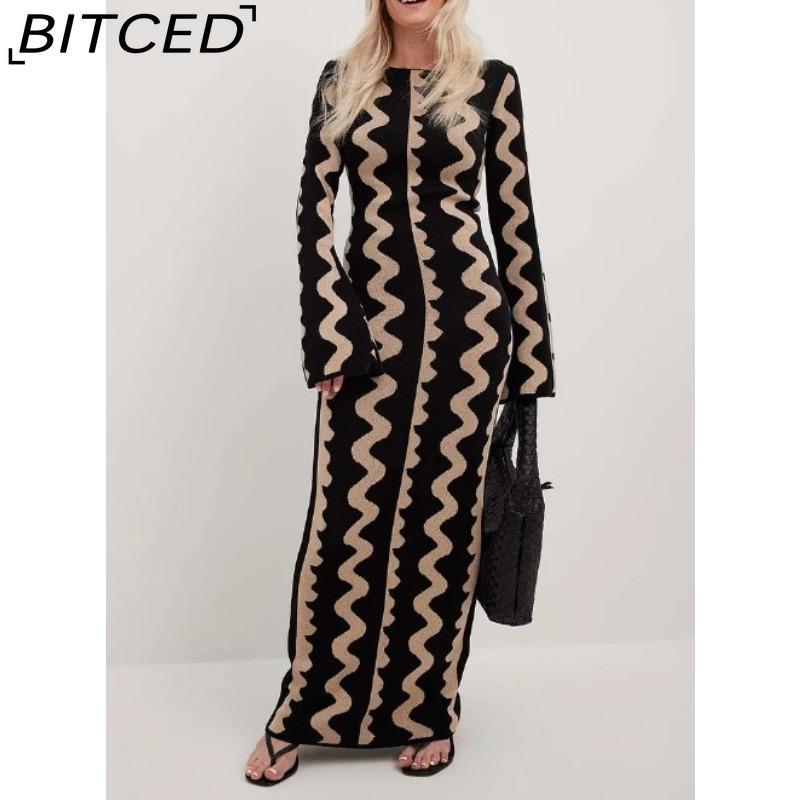 

BITCED Women s Spring/Autumn Slim-Fit Fashion Print Knitted Dress XXL