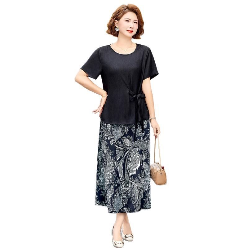 Summer Temperament Lace-Up T-Shirt & Versatile Skirt Set for Middle-Aged Women