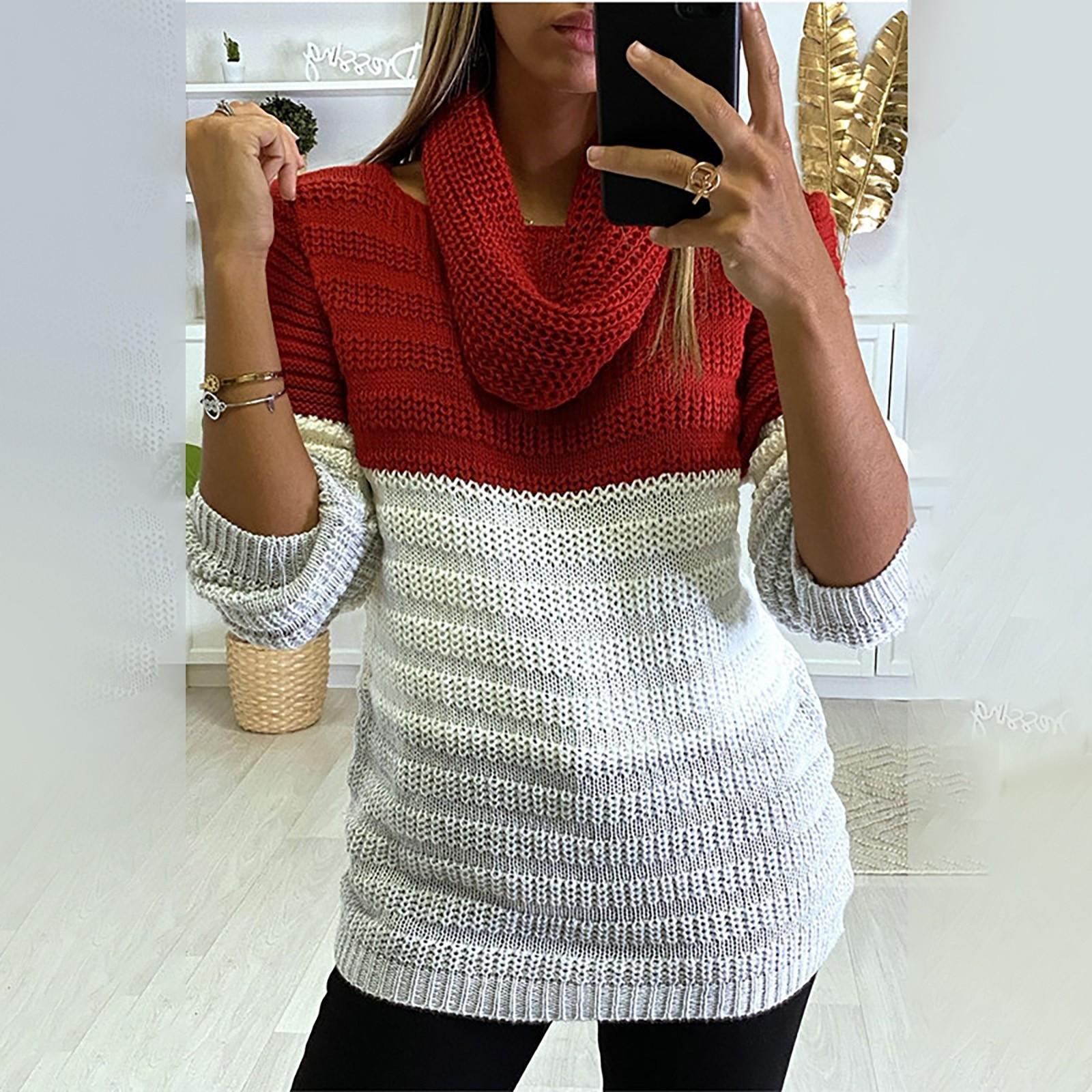 

Женский повседневный свободный вязаный свитер с длинными рукавами и круглым вырезом с цветными блоками L красный