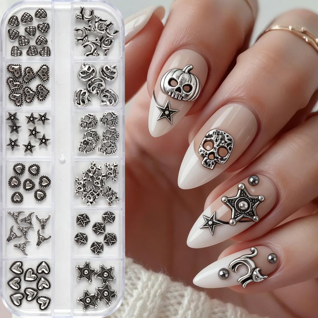 12grid Metal Silver Pumpkin/Heart/Star/Skull Nail Charms Gothic Punk Halloween Alloy Nail Gems Y2K Silver Metal Cross Nail Decor