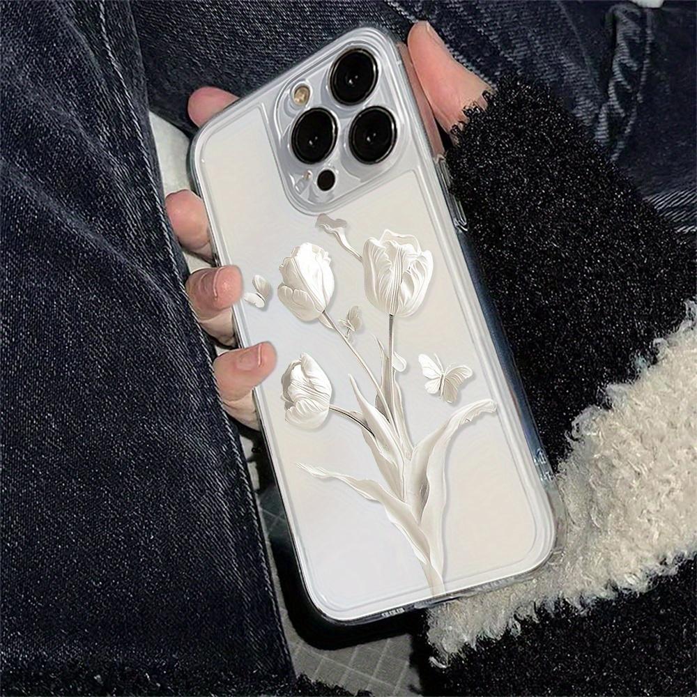 White hyacinth and butterfly TPU phone case suitable for iPhone 17 16 15 14 13 12 11 Pro/Max/Plus anti drop and shockproof