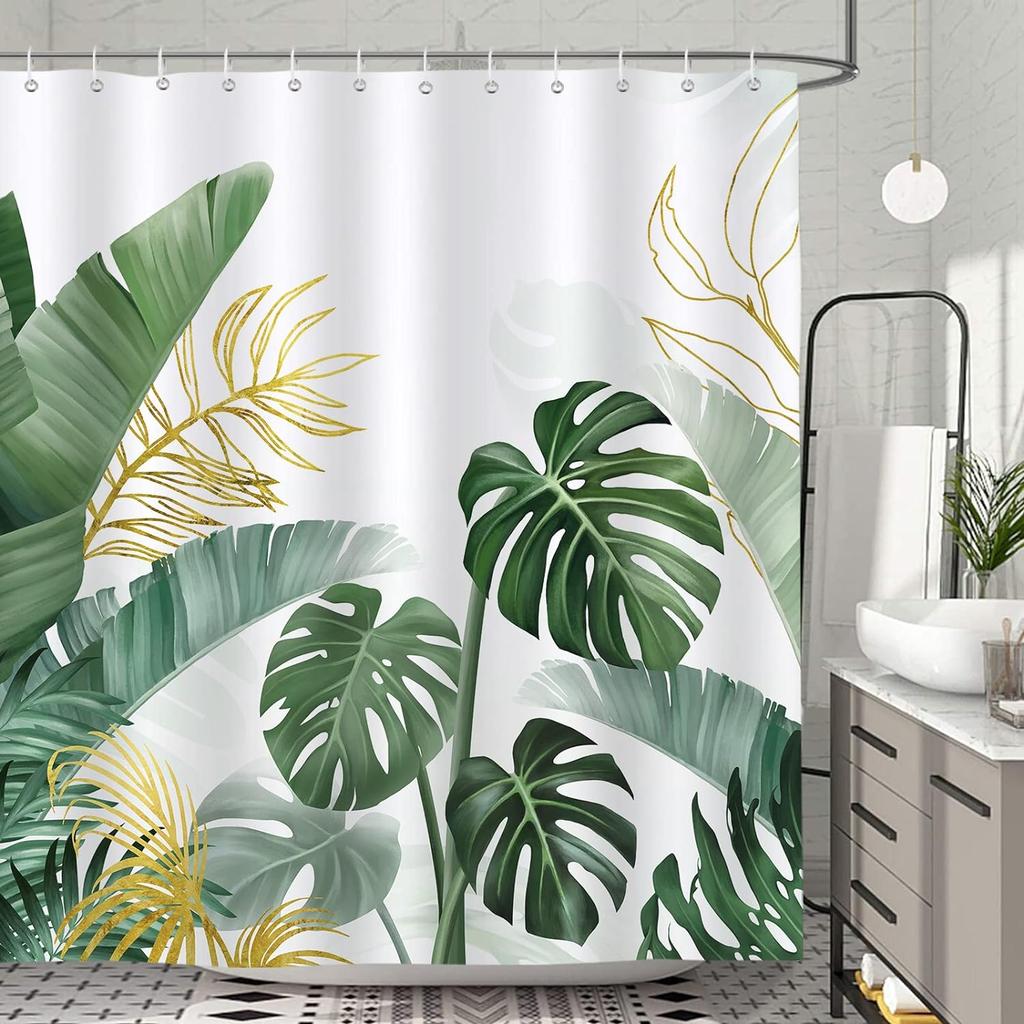 Tropical Leaves Shower Curtains Green Palm Banana Leaf Monstera Jungle Plants Hawaiian Modern Flowers Butterfly Bathroom Decor