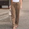 Fashion Women Solid Cotton Linen Sashes Straight Casual Long Pants Trousers
