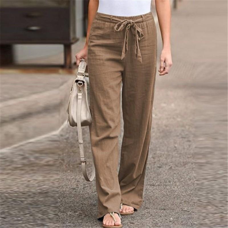 Fashion Women Solid Cotton Linen Sashes Straight Casual Long Pants Trousers