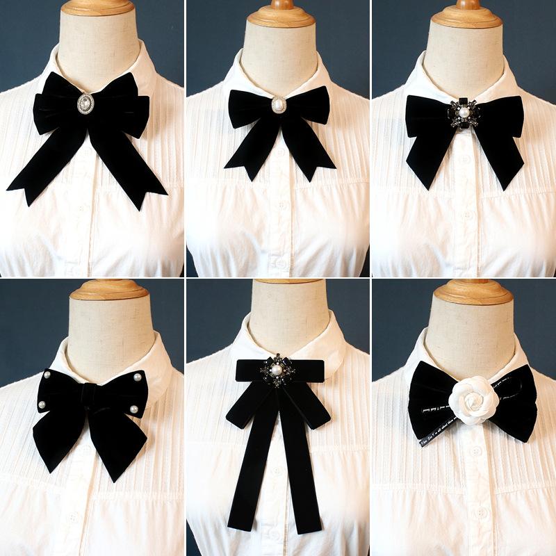 Black Bowtie Ribbon Bow Brooch Collar Necktie Uniform Shirt Collar Flower Brooches For Women Cloth Art Dresses Accessory