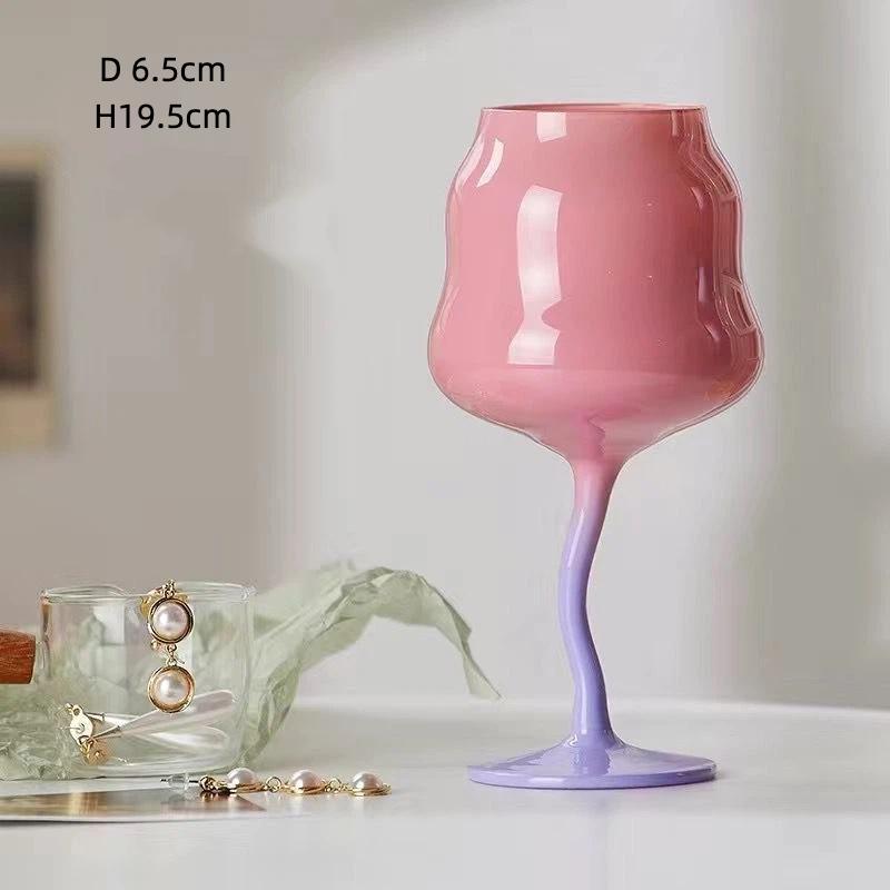 Aesthetic Twisted Crystal Glass Goblet, Pastel Pink Macaron Style High Stem Drink Cup for Juice, Milk & Beverages