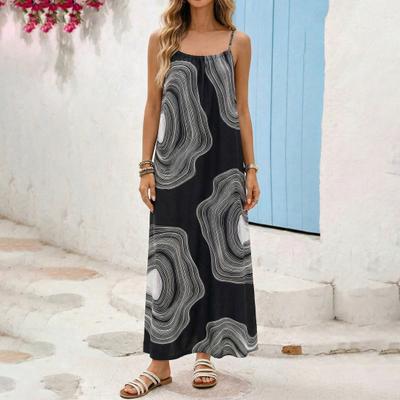 Women's Backless Spaghetti Strap Maxi Dress Casual Sleeveless Loose Flowy Beach Sundress Geometric Print Vacation Outfits