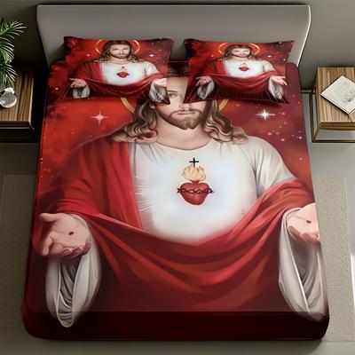 3pcs Comfortable Sacred Heart Theme Fitted Sheet Set Soft Breathable 100% Polyester Soft High-Definition Digital Print Perfect