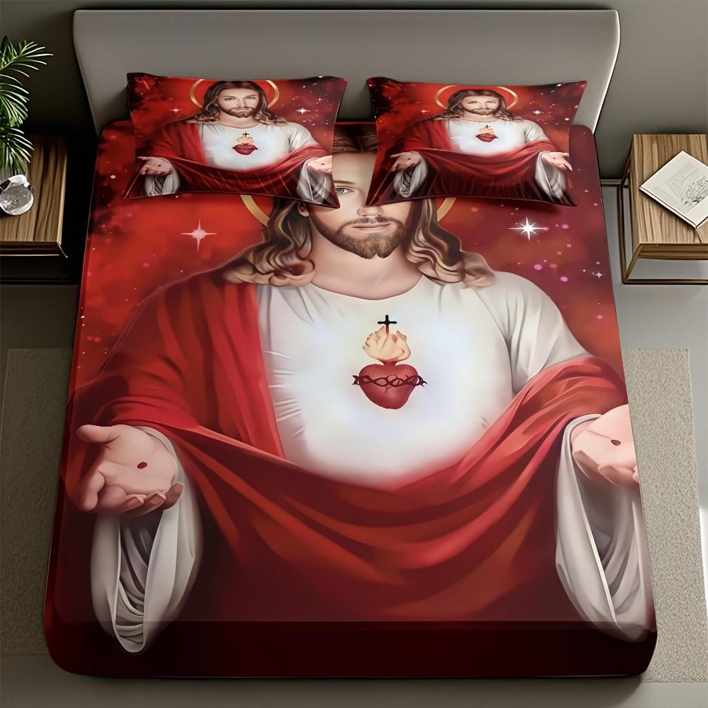 

3pcs Comfortable Sacred Heart Theme Fitted Sheet Set Soft Breathable 100% Polyester Soft High-Definition Digital Print Perfect EU Twin(135x200cm)