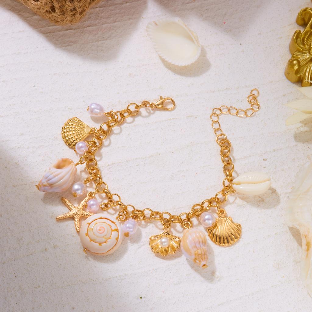 Ocean Style Gold Color Metal Starfish Conch Charm Bracelet For Women Boho Sea Star Imitation Pearl Bangle Summer Beach Jewelry