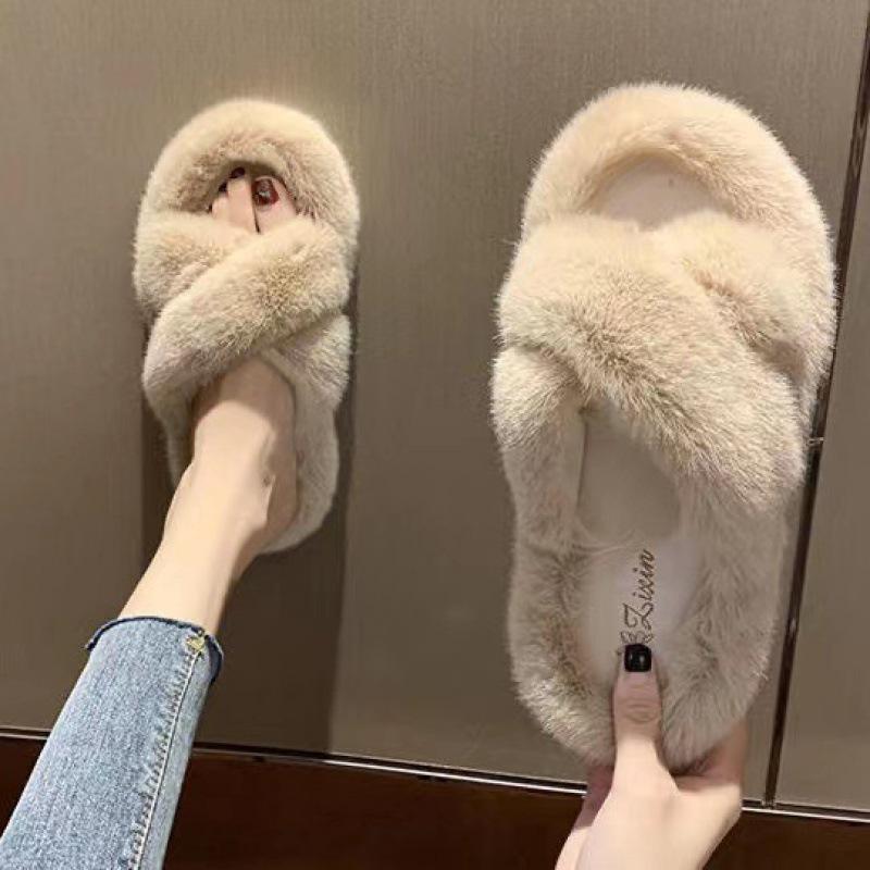 Cotton slippers autumn and winter women's fashion versatile velvet home indoor warm couple fluffy cross with cool slippers outside