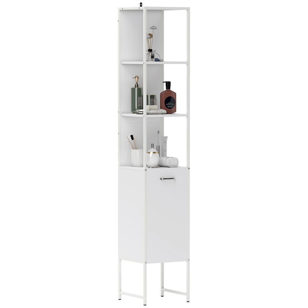 Tall Bathroom Cabinet with Open Shelves and Adjustable Shelf - White