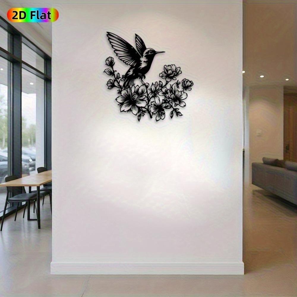 1pc Vintage Metal Hummingbird Wall Art, Iron Garden Sculpture Indoor Outdoor, 3D Bird Flower Decor for Fence Living Room, Weatherproof Nature Gift