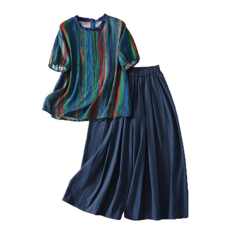 DIMANAF Plus Size Summer Pants Suits Women Sets Suits Loose Tops Shirts Long Pants Cotton Vintage Casual Clothing