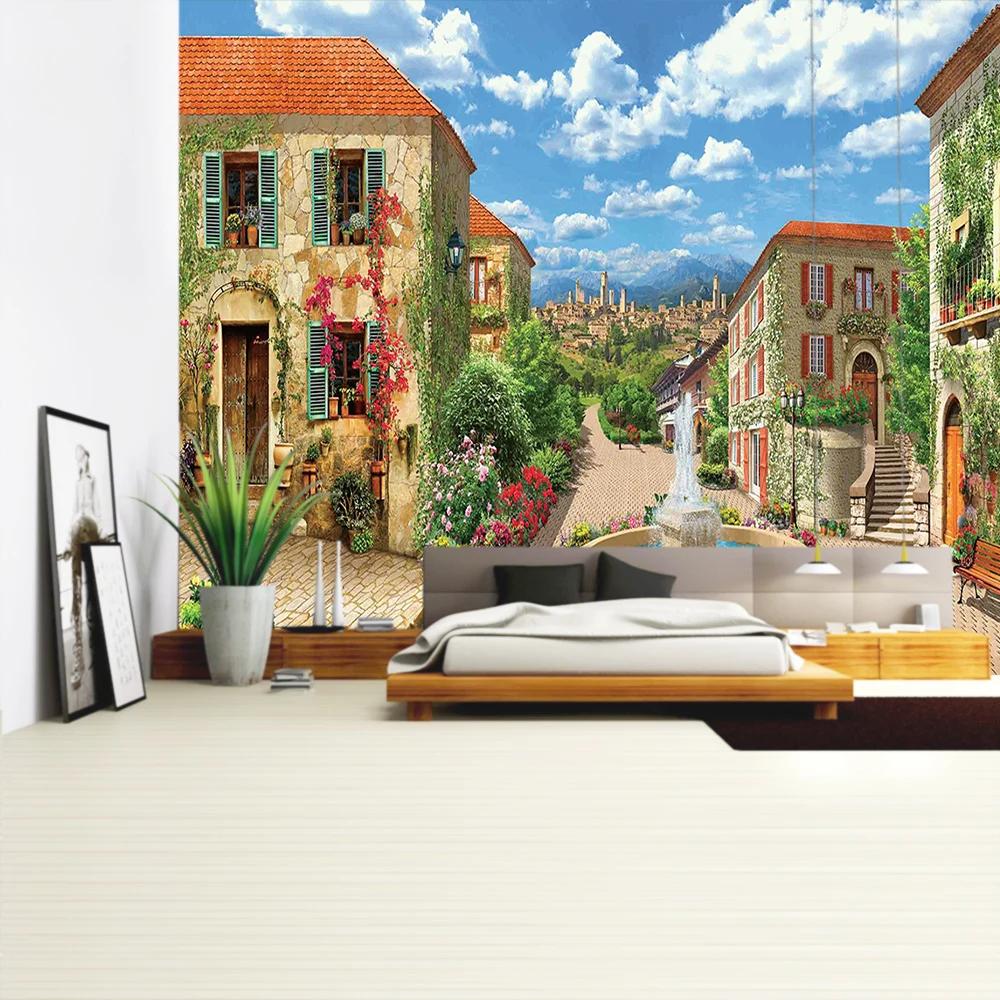 Balcony City Castle Hill Green Plant Landscape Printing Tapestry  Cheap Hippie Wall Hanging Bohemian Wall Tapestries