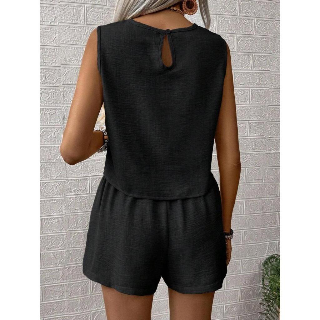 Completo da Donna a Maniche Corte e Pantaloncini Monocolore - Casual, Bottoni, Girocollo, Tutte le Stagioni, Abbigliamento Casual|Slee… Altro
