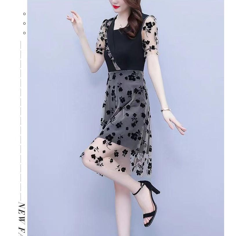 MM Plus Size Women's Korean Style Mesh Splicing Slim-Fit Dress - Summer 2023 Collection
