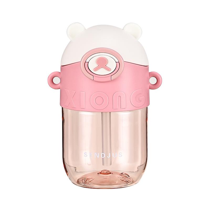 Water bottle bear plastic cup elastic cover with straw water cup children's kettle crossbody strap student cup straw cup portable