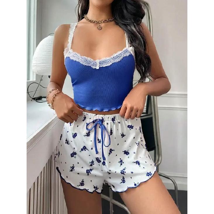 2026 Women's Sexy Lace Camisole Vest Shorts Sleepwear Women's Slim Fit Two-Piece Home Outfit New Product Pink Coffee Blue