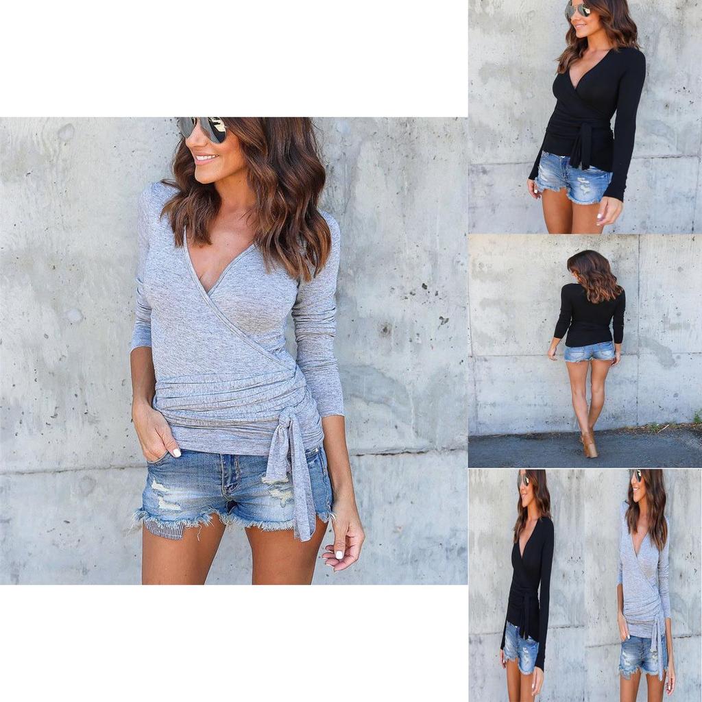 Elegant Long Sleeve Deep V-neck Knitted Sweater Blouse For Women With Premium Quality