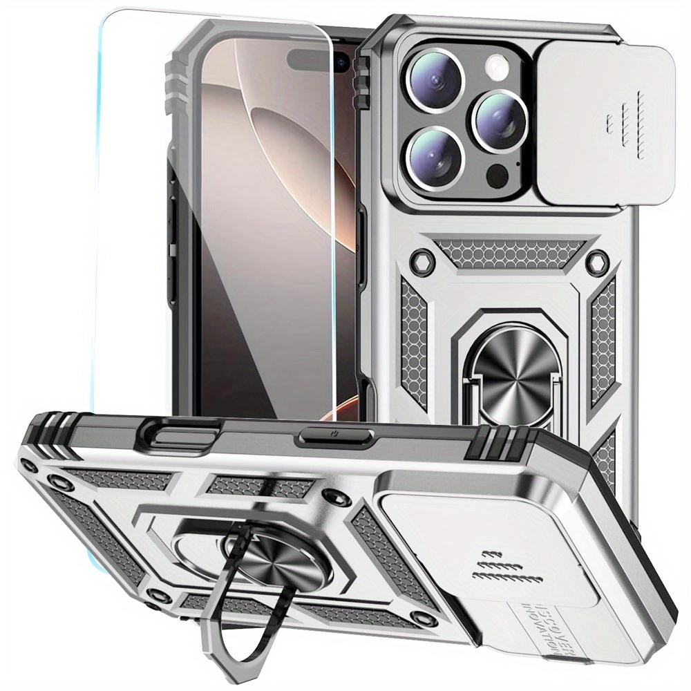 For iPhone 17 16 16e 15 Pro Max 14 Plus 13 12 11 Case Phone Bumper with Clear Tempered Glass Screen Protector Slide Camera Cover Ring Kickstand Holder