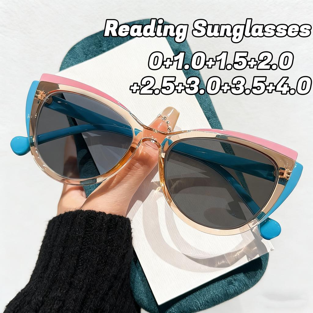 Fashion Spliced Contrast-colored Cat-eye Reading Sunglasses for Women Stylish Triangular Cat-eye and UV-blocking Sunglasses +4.0