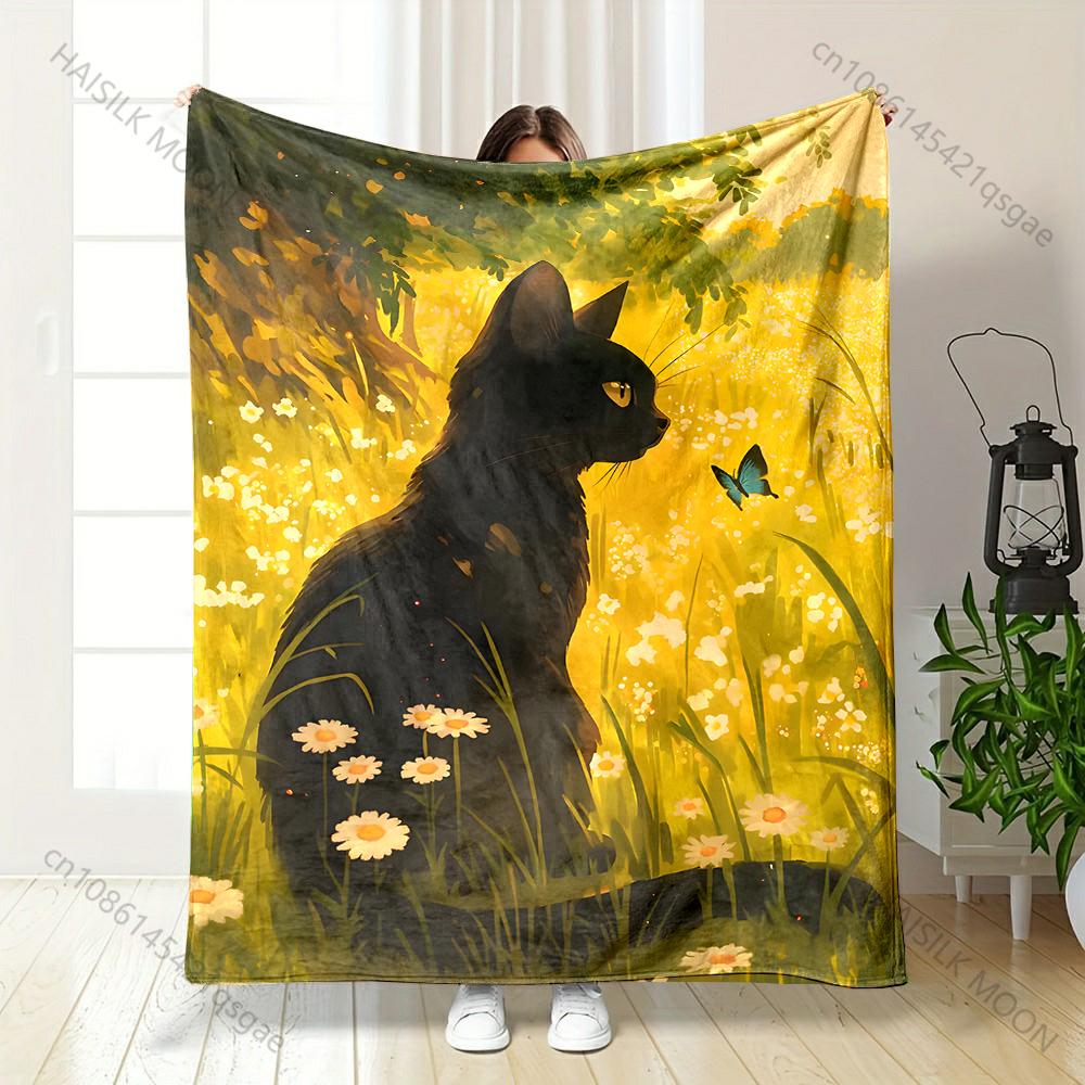 Black cat butterfly sunny meadow daisies Print Blanket Warm Soft Fluffy Kids and Adult Sofa Bed Throw Outdoor Travel Camping 75X95CM