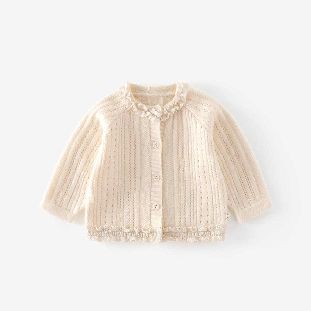 Girls' Autumn Knitted Cardigan with Lace Collar – Stylish Korean-Style Children's Fashion.