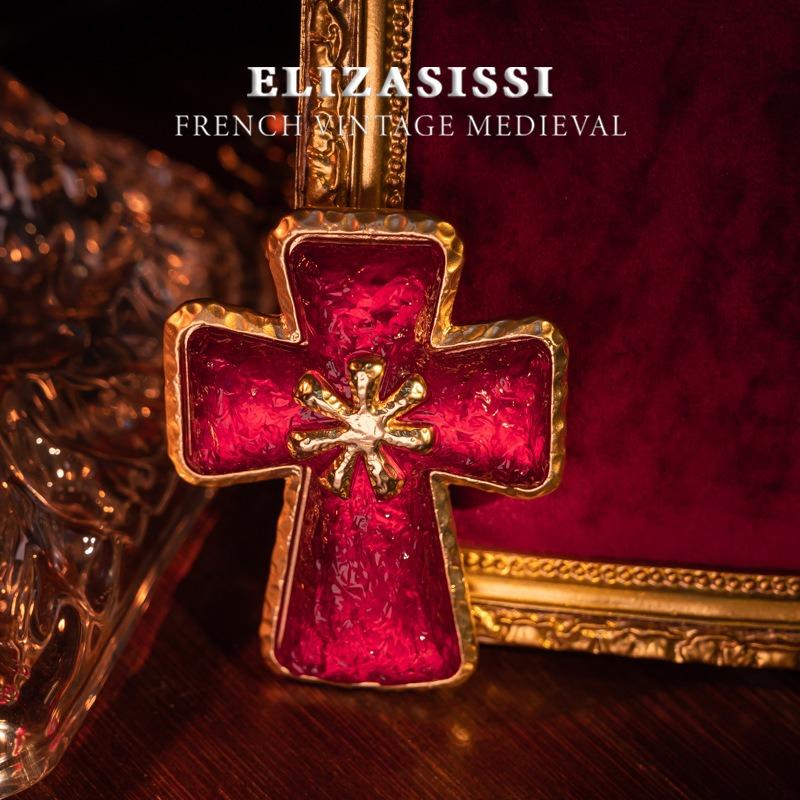 

Винтажная придворная лава, джем-красный фон, позолоченная брошь-крест в западном стиле