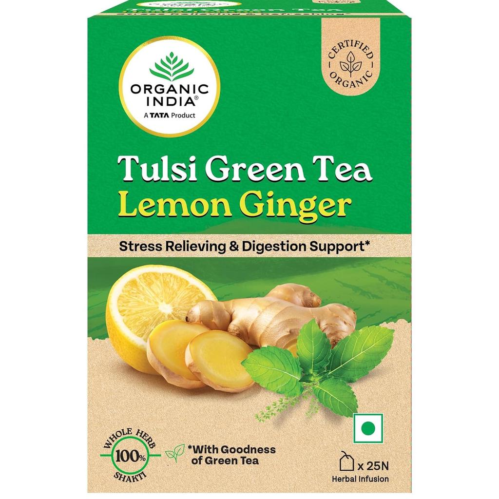 Organic India Tulsi Green Tea Lemon Ginger Herbal Tea 25 Teabags Refreshing Digestive Relaxation