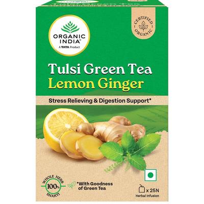 ORGANIC INDIA Tulsi Green Tea Lemon Ginger Herbal Tea 25 Teabags Refreshing Digestive Relaxation