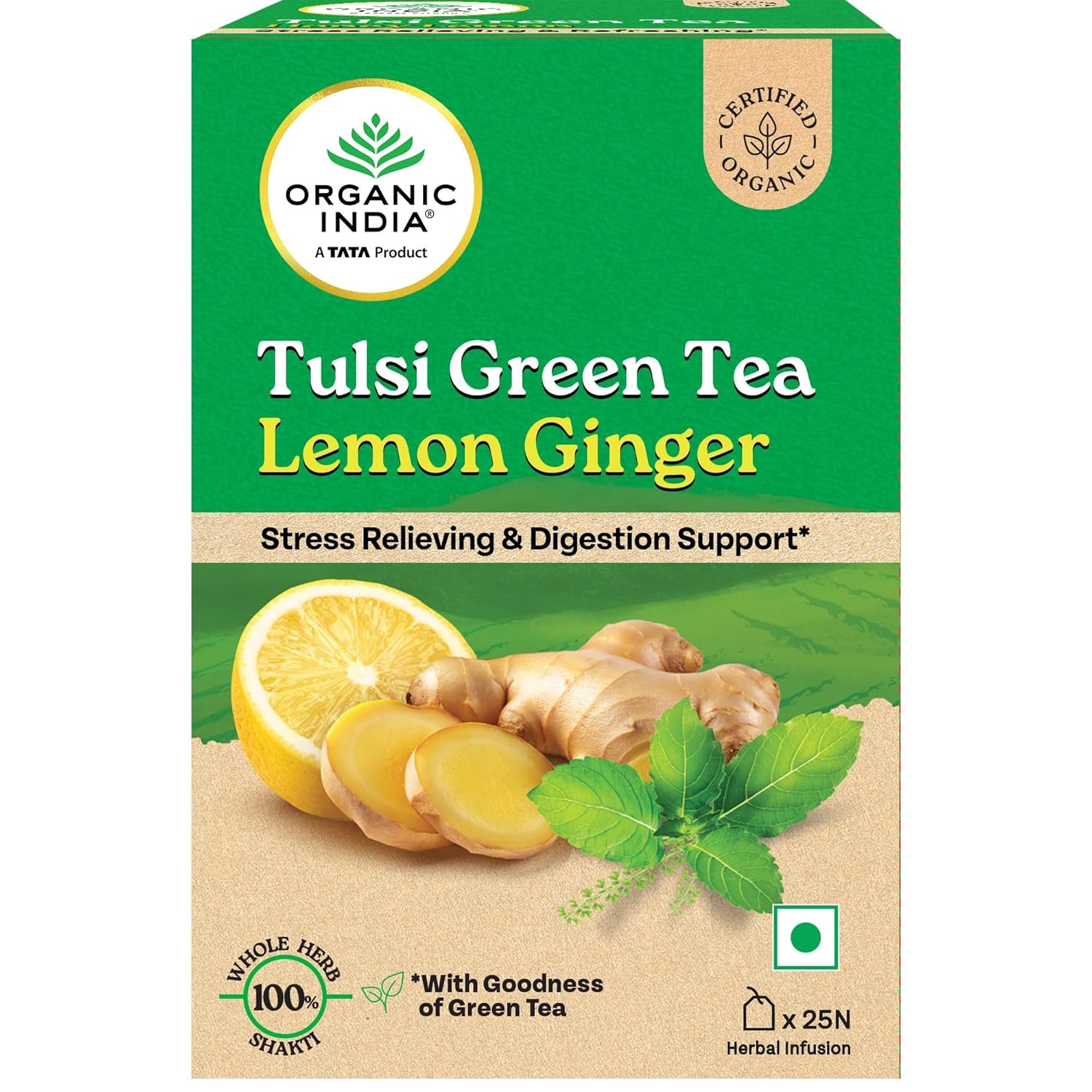 

Organic India Tulsi Green Tea Lemon Ginger Herbal Tea 25 Teabags Refreshing Digestive Relaxation