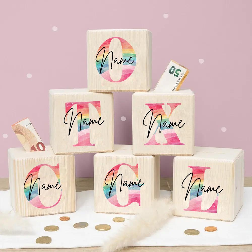 Personalized Money Box Kids Money Boxes Rainbow Letter with Name Coin Collection Box Wooded Coin Bank Child Birthday Shower Gift