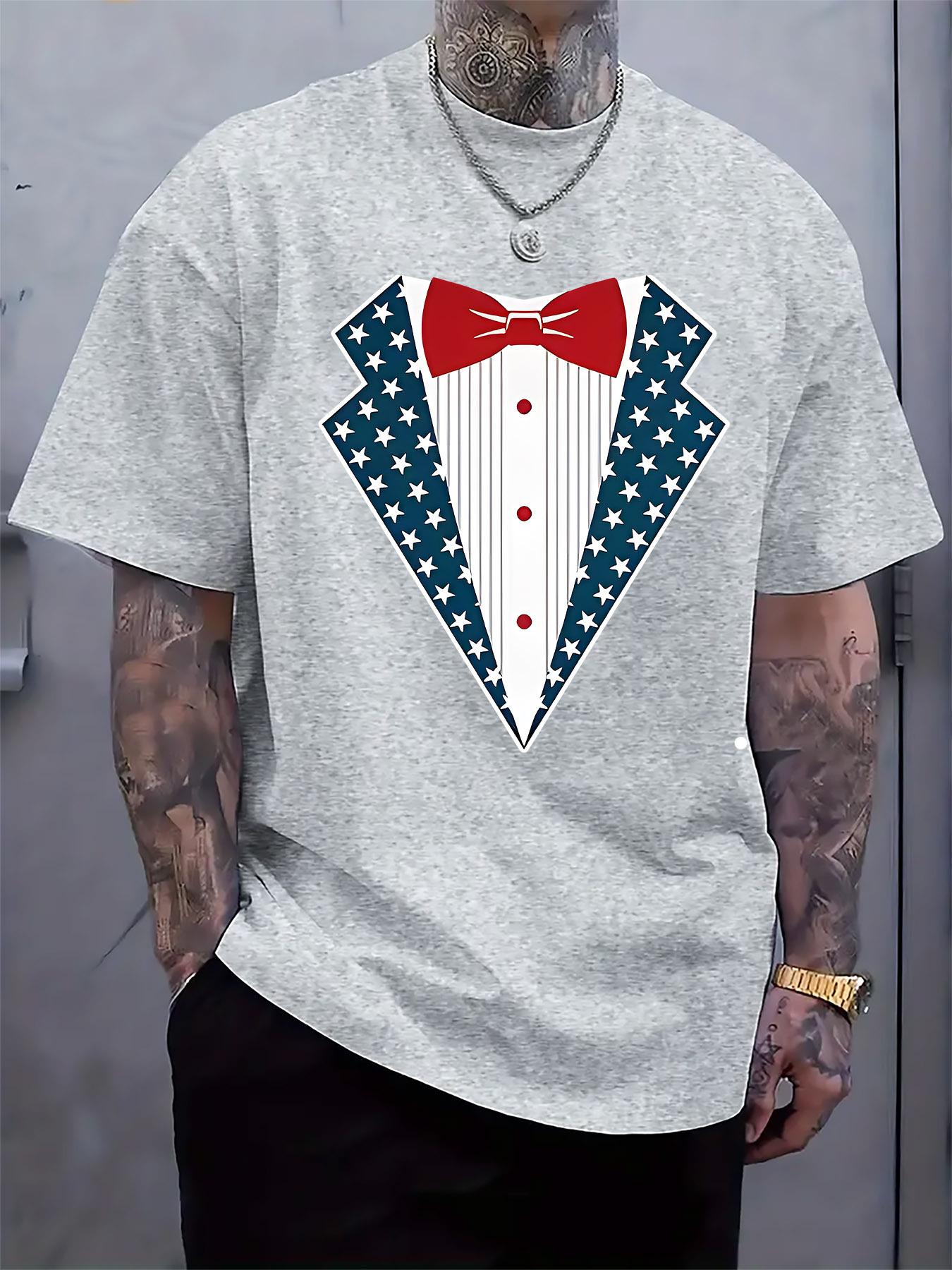 

Round Neck Short Sleeve T-shirt with American Style Dress Pattern Print M