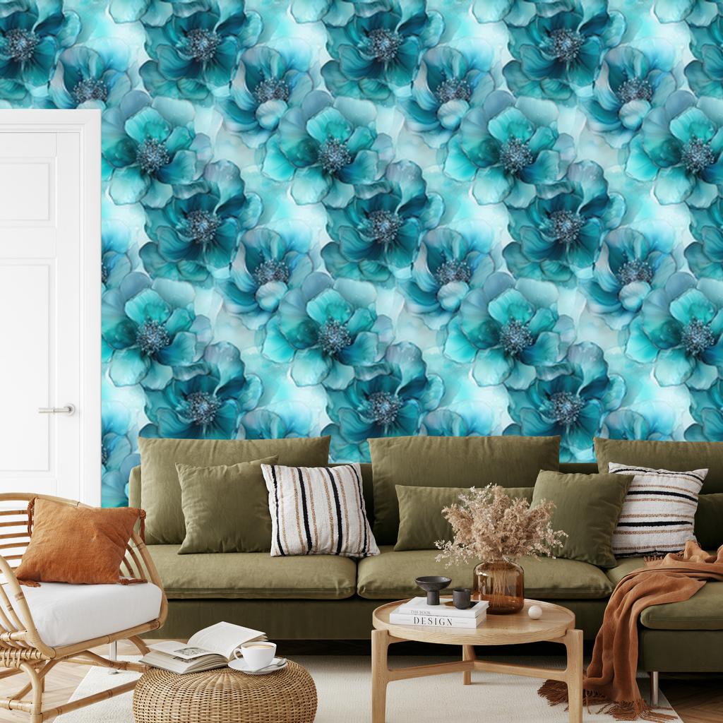 Wallpaper Ink Turquoise, Celadon, Navy Blue and Blue 50x1000