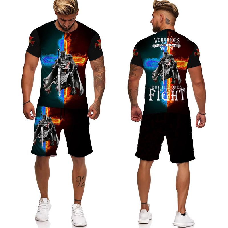 Cool Men's Knight Templar 3D Print Tees/Shorts/Sets Retro Warrior Armor Cosplay Outfits T-Shirt Suit Hip Hop Streetwear Clothing