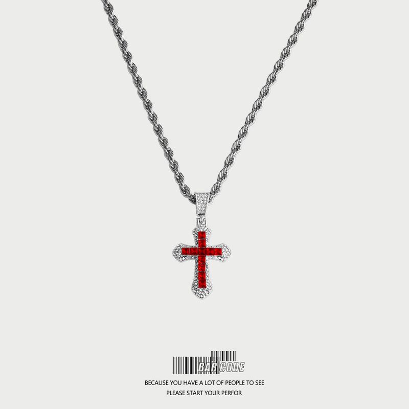 Bar Code Fashion Style Street Red Cross Necklace Men and Women Trendy Cool Ins Niche Personality Simple Pendant Red Cross Pendant Twist Chain 60cm