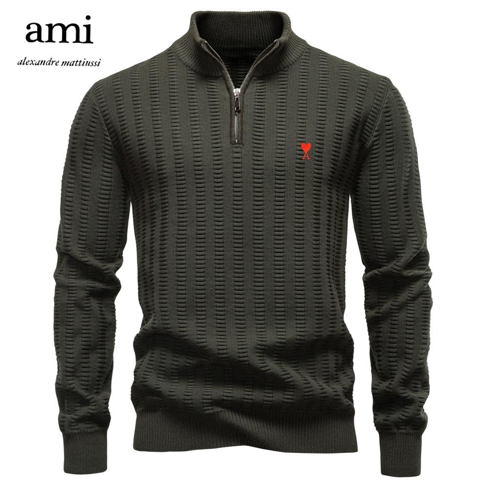 AMI 2025 Autumn and Winter Embroidery New Striped Jacquard Men's Plus Size Sweater, Half Zipper Stand Up Collar Business Sweater