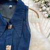 Retro Sleeveless A-Line Denim Dress with Turn-Down Collar and Cutout Waist