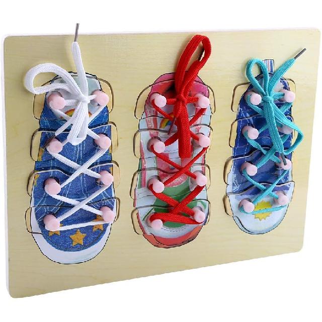 SUNGOOYUE Kid Shoes Training Toy, Wooden Learn to Tie Shoes Practice Board for Kids Preschool, Ages 3-7