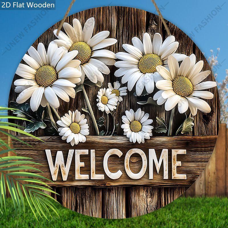 Daisy Welcome Round Wooden Hanging Sign, 2D Flat Printed Wall Door Ornament, Farmhouse Home Porch Decor Gift