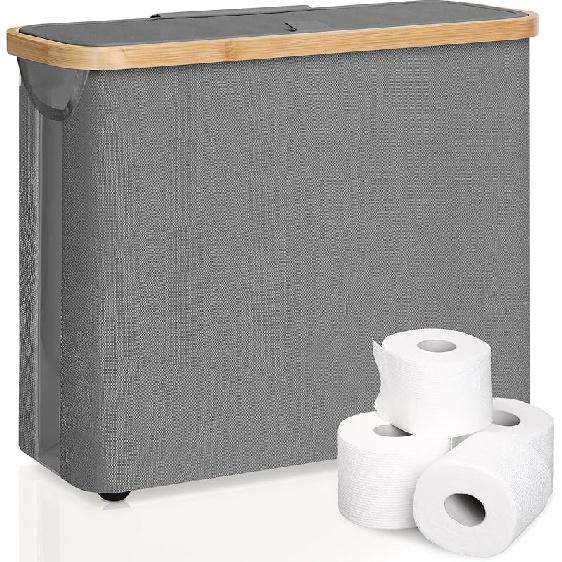 Foldable Toilet Paper Storage Basket with Lid and Handle for 12 Rolls, Waterproof Free Standing Toilet Paper Holder Stand, Bathroom Organizer Cabinet