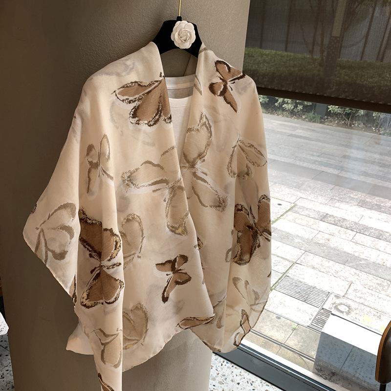 Elegant Temperament Flower Silk Scarf Women'S Summer Travel Sunscreen Shawl Ethnic Style Thin Cotton And Linen Scarf Shawl Silk Scarf